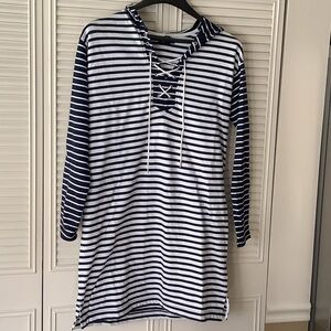 Chaps Navy and White Striped Lace-Up Tunic Hoodie